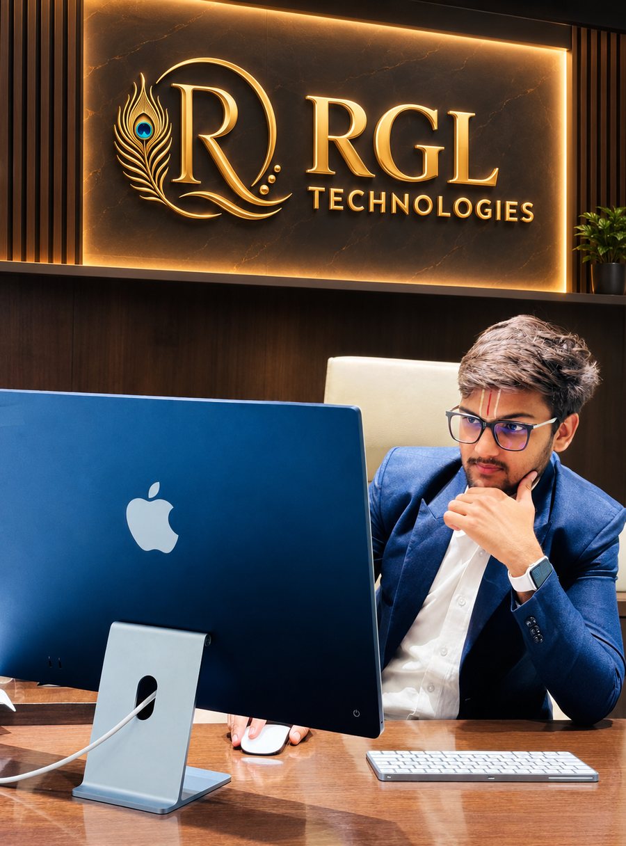 Kunal Jain, Founder & CEO of Radha Girdhar Lal Ji Technologies, at his desk in the RGL Technologies office